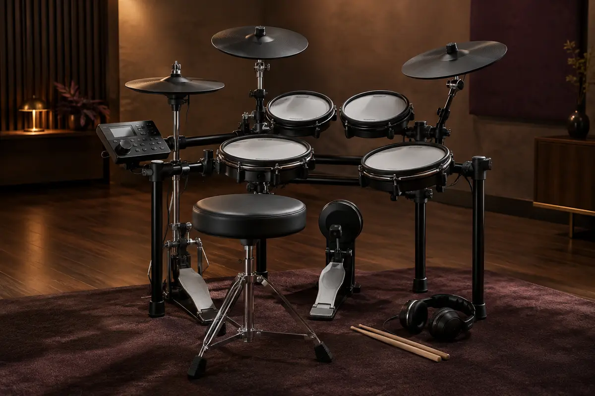 Batterie électronique Cahaya compacte avec pads mesh, trois cymbales, module sonore, siège, pédales et casque