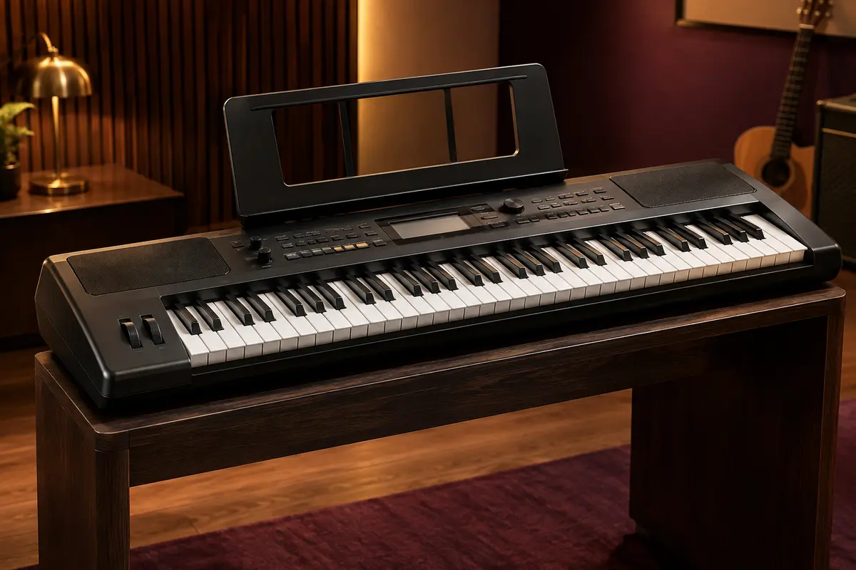 Clavier arrangeur Casio CT-S100 noir à 61 touches avec son pupitre, posé dans un studio chaleureux.