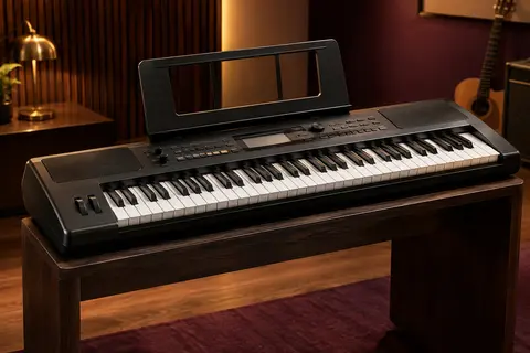 Clavier arrangeur Casio CT-S100 noir à 61 touches avec son pupitre, posé dans un studio chaleureux.
