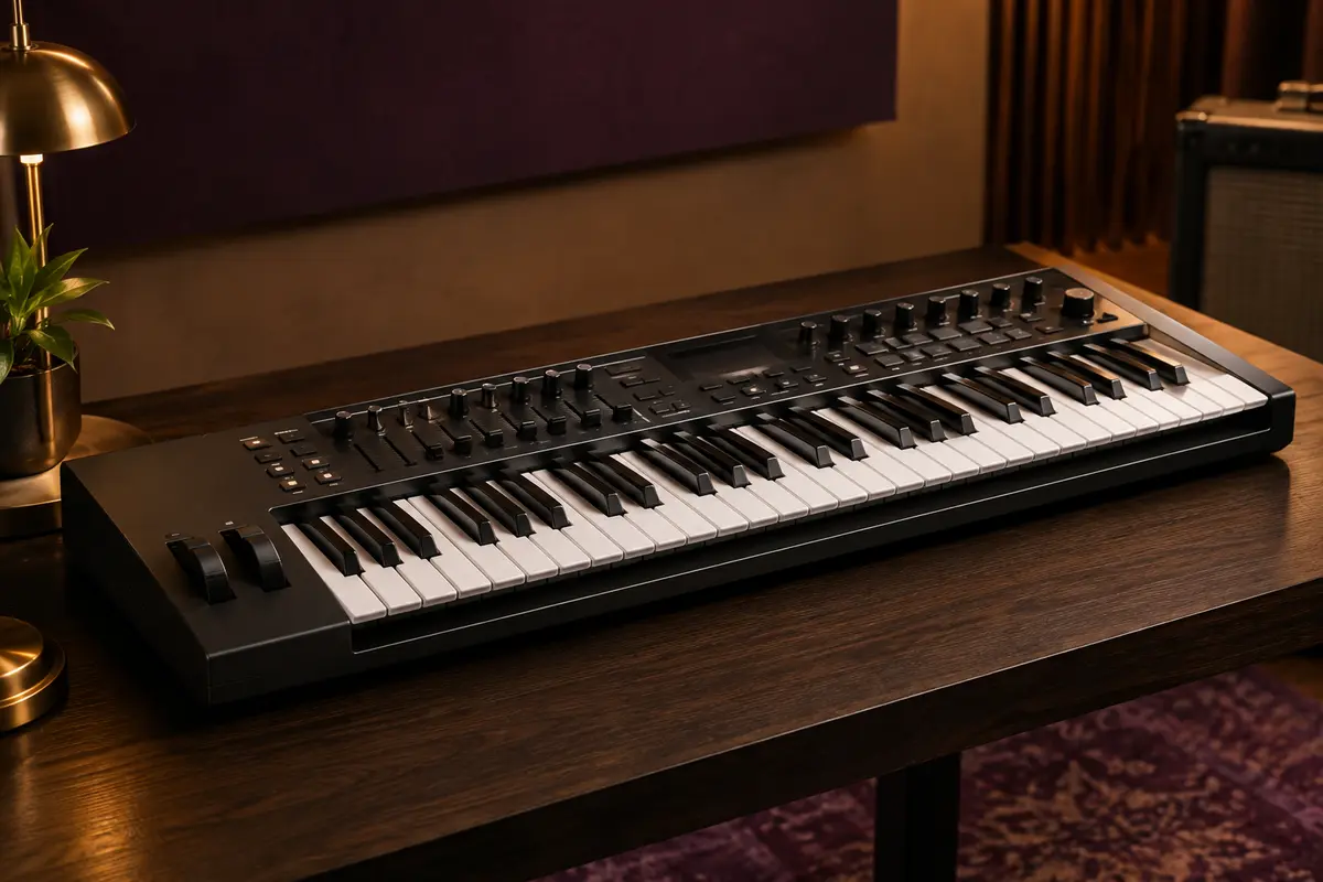 Clavier arrangeur noir à 61 touches posé sur un support en bois sombre dans un studio chaleureux