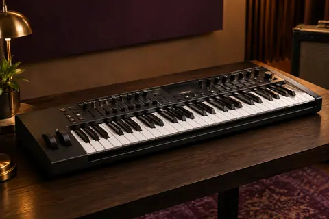 Clavier arrangeur noir à 61 touches posé sur un support en bois sombre dans un studio chaleureux