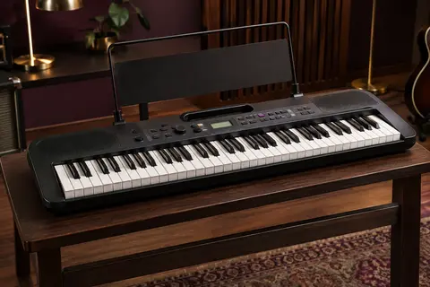Clavier arrangeur Casio Casiotone CT-S200 noir avec 61 touches, écran LCD et commandes, présenté sur un support sombre.