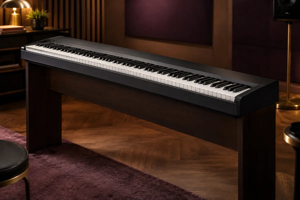 Piano numérique noir à 88 touches présenté seul dans un studio de répétition aux tons chauds