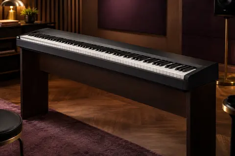 Piano numérique noir à 88 touches présenté seul dans un studio de répétition aux tons chauds