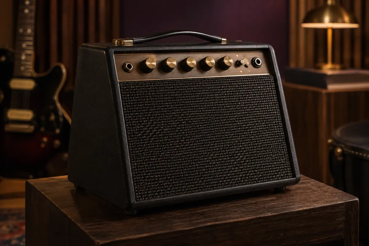 Amplificateur de guitare portable noir en bois, posé sur un support dans un studio de répétition soigné.