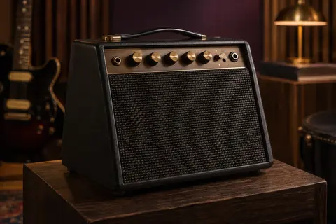 Amplificateur de guitare portable noir en bois, posé sur un support dans un studio de répétition soigné.
