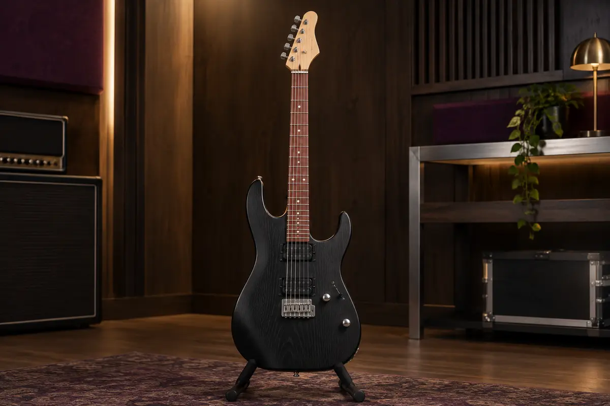Guitare électrique Cort X100 noire à finition pore ouvert, posée sur un support dans un studio chaleureux