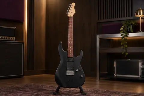 Guitare électrique Cort X100 noire à finition pore ouvert, posée sur un support dans un studio chaleureux