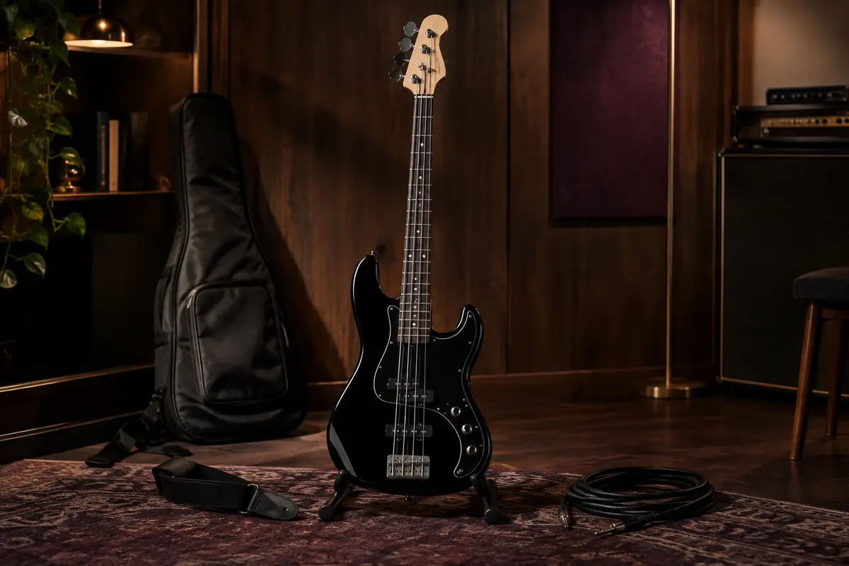 Basse électrique noire quatre cordes sur support, avec housse, sangle et câble dans un studio
