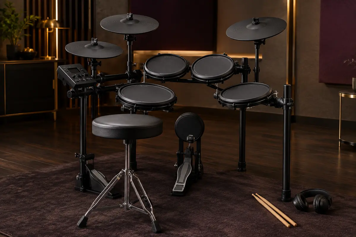 Batterie électronique noire Donner DED-200 avec pads maillés, cymbales, support, tabouret, casque et baguettes
