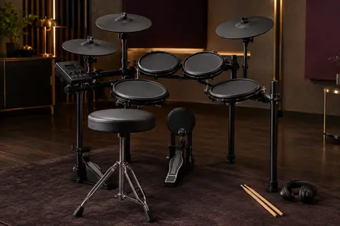Batterie électronique noire Donner DED-200 avec pads maillés, cymbales, support, tabouret, casque et baguettes