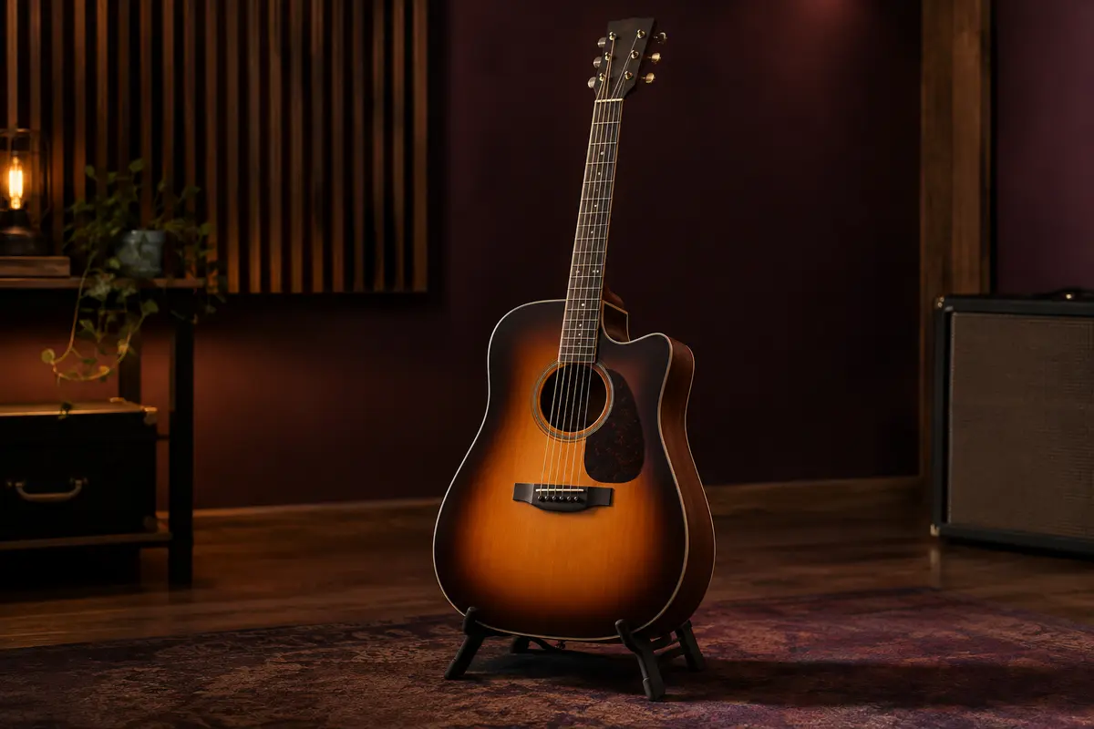 Guitare acoustique dreadnought cutaway au fini sunburst mat, posée sur un support dans un studio chaleureux.