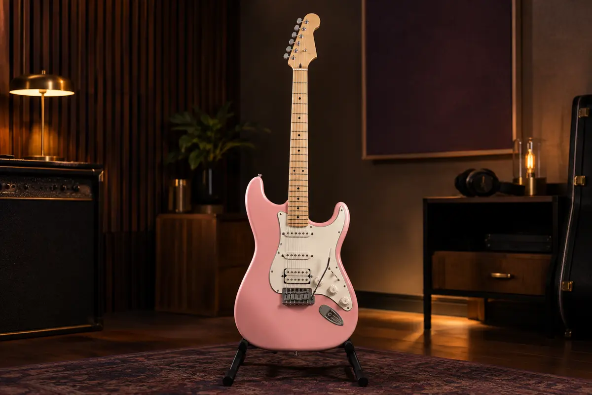 Guitare électrique Donner DST-200 rétro rose, avec manche en érable, micros H-S-S et chevalet trémolo