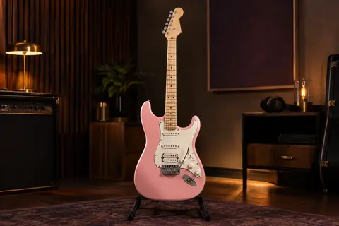 Guitare électrique Donner DST-200 rétro rose, avec manche en érable, micros H-S-S et chevalet trémolo
