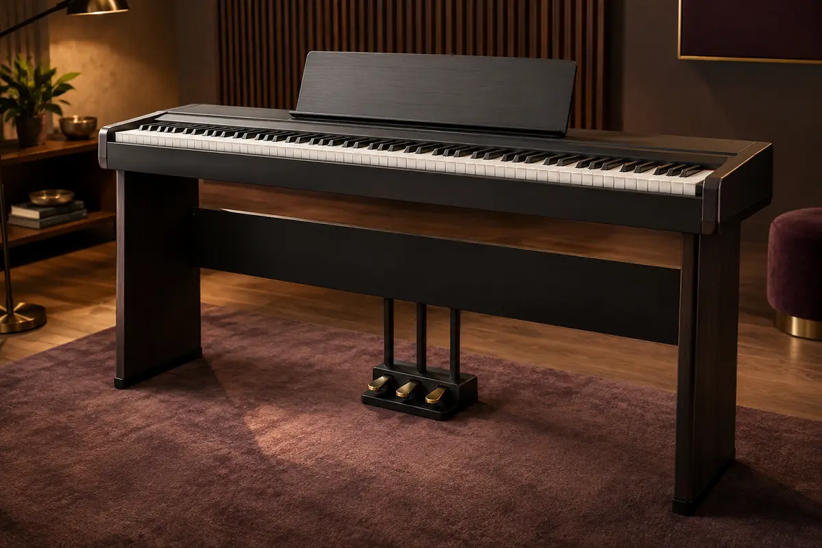 Piano numérique Donner DEP-10 à 88 touches avec support de meubles et triple pédale dans une salle d’écoute