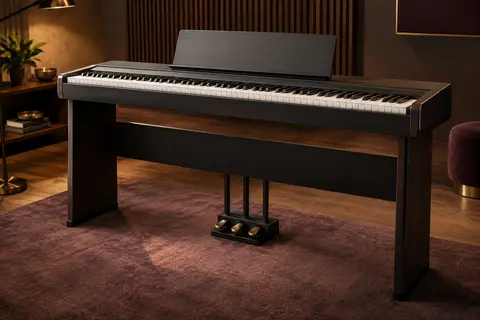 Piano numérique Donner DEP-10 à 88 touches avec support de meubles et triple pédale dans une salle d’écoute