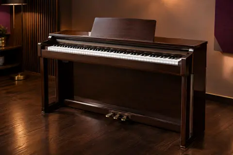 Piano numérique Eastar EK-10S en bois marron, avec pupitre et pédale, dans un studio sobre.