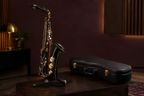 Saxophone alto noir en mi bémol posé sur un support, avec son étui rigide à proximité.