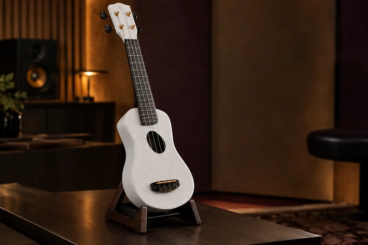 Ukulélé soprano blanc en fibre de carbone, posé seul sur un support en bois sombre dans un studio.