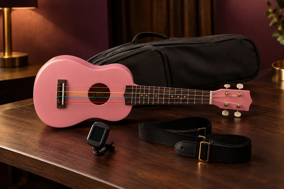 Ukulélé soprano rose à quatre cordes multicolores présenté avec son accordeur, sa housse et sa sangle