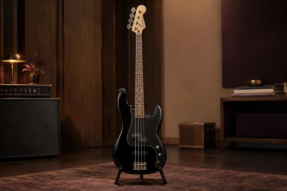 Basse électrique noire de style Precision avec deux micros PJ, présentée seule dans un studio aux tons chauds.