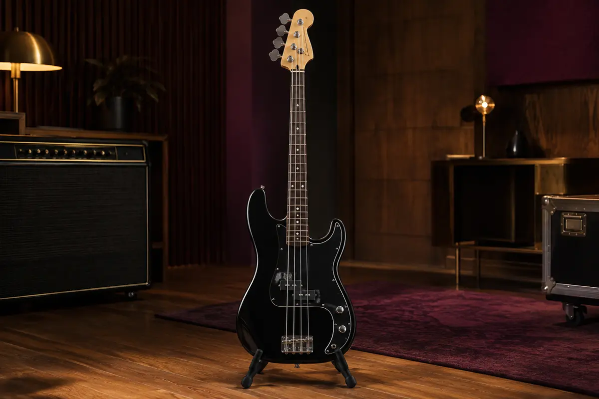 Basse électrique noire Squier Mini Precision Bass à quatre cordes sur un support dans un studio chaleureux