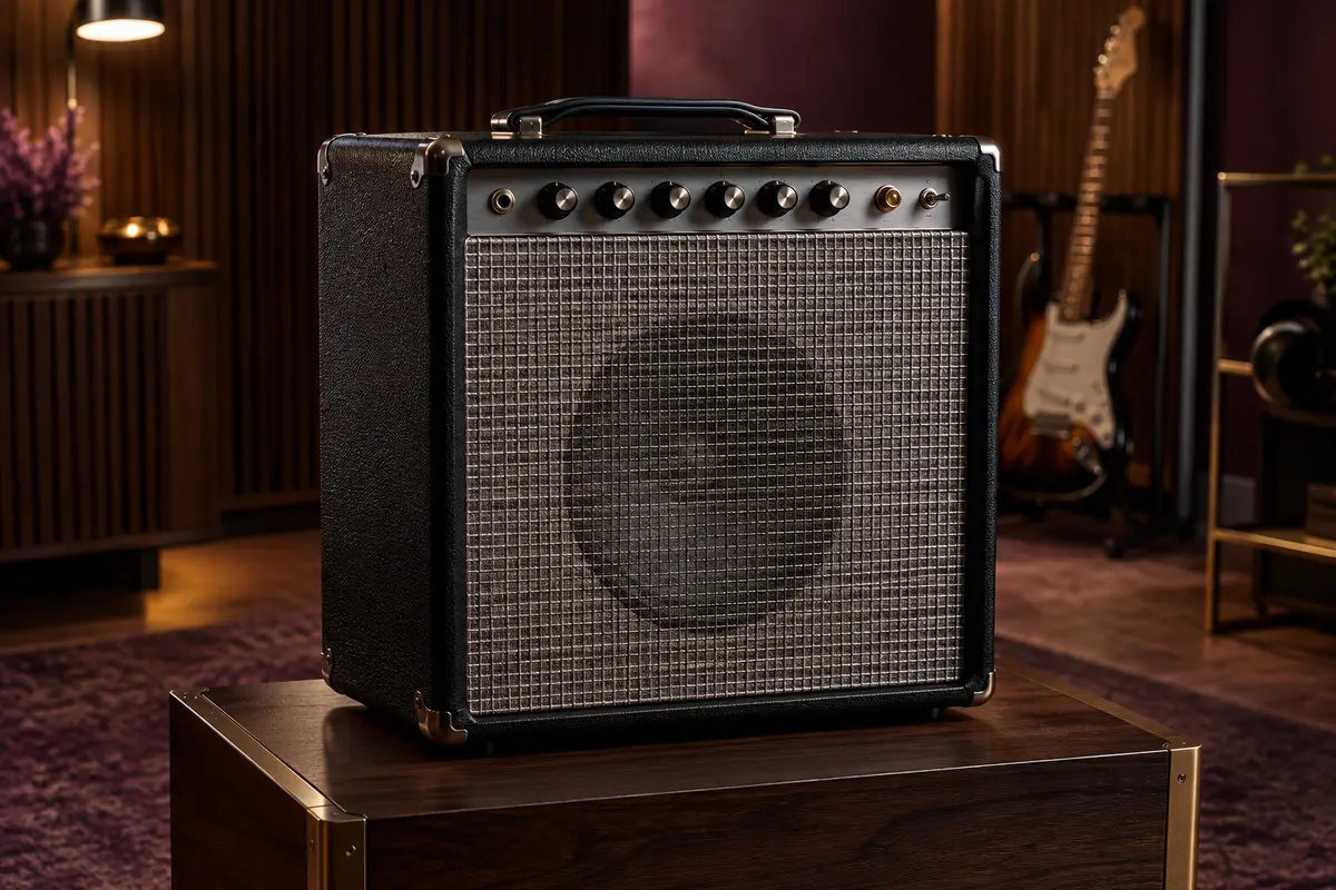 Ampli combo noir et argenté pour guitare électrique, posé seul dans un studio de répétition chaleureux.