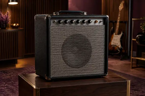 Ampli combo noir et argenté pour guitare électrique, posé seul dans un studio de répétition chaleureux.