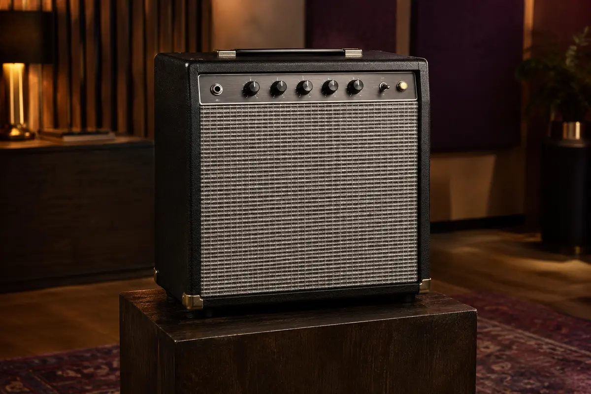 Ampli combo Fender Frontman 10G compact, boîtier sombre et grille argentée, posé dans un studio de répétition sobre.