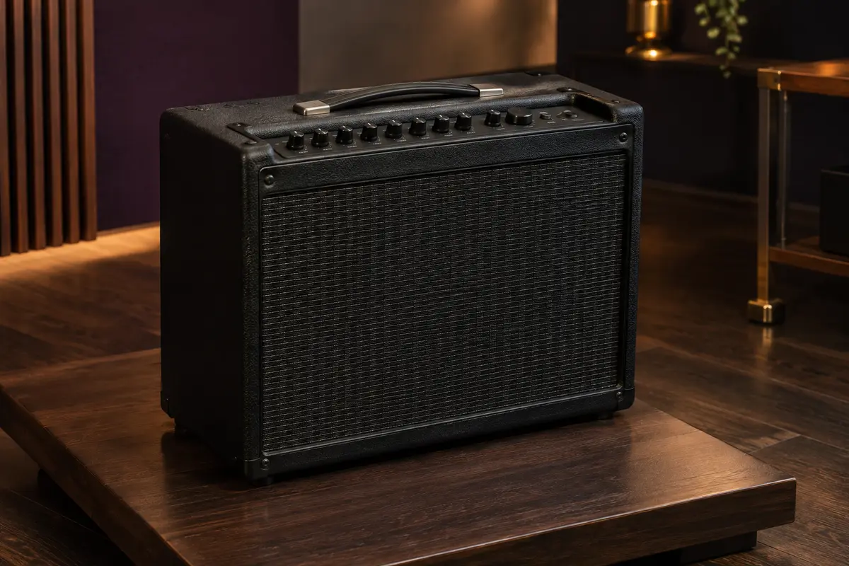 Ampli combo Fender Mustang LT25 noir posé dans un studio de répétition au décor sobre et chaleureux