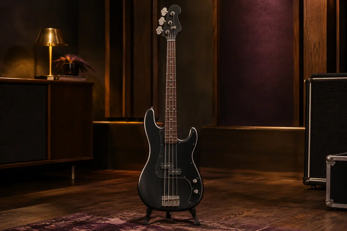 Basse électrique noire quatre cordes de style Precision, avec touche en laurier et finition mate.