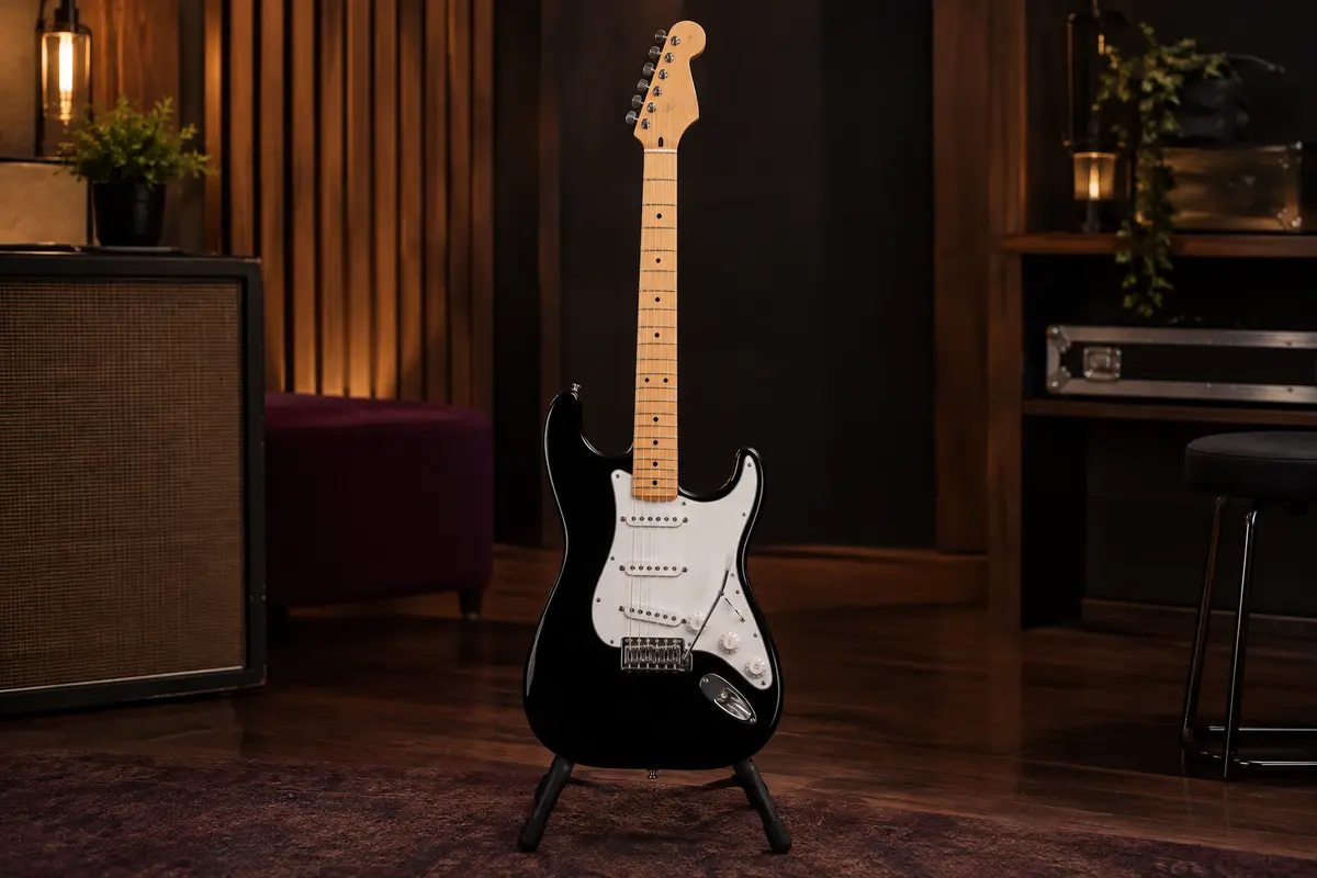 Guitare électrique Squier Sonic Stratocaster noire sur un support dans un studio chaleureux