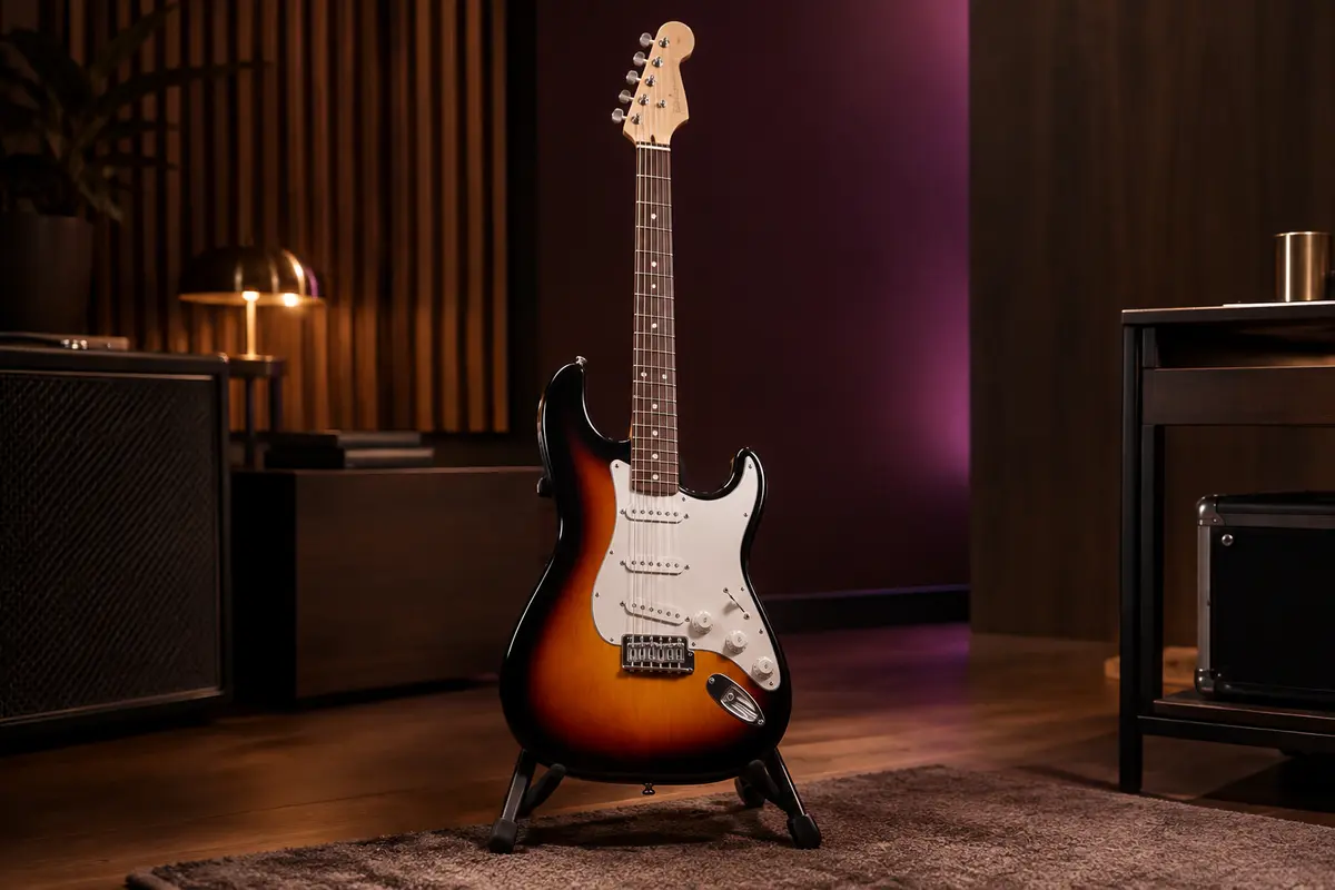 Guitare électrique Stratocaster Debut Series en finition sunburst, avec manche en érable et touche sombre.