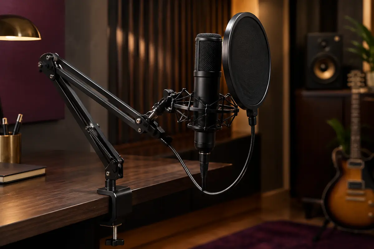 Microphone USB noir à condensateur monté sur un bras articulé, avec filtre anti-pop devant la capsule.