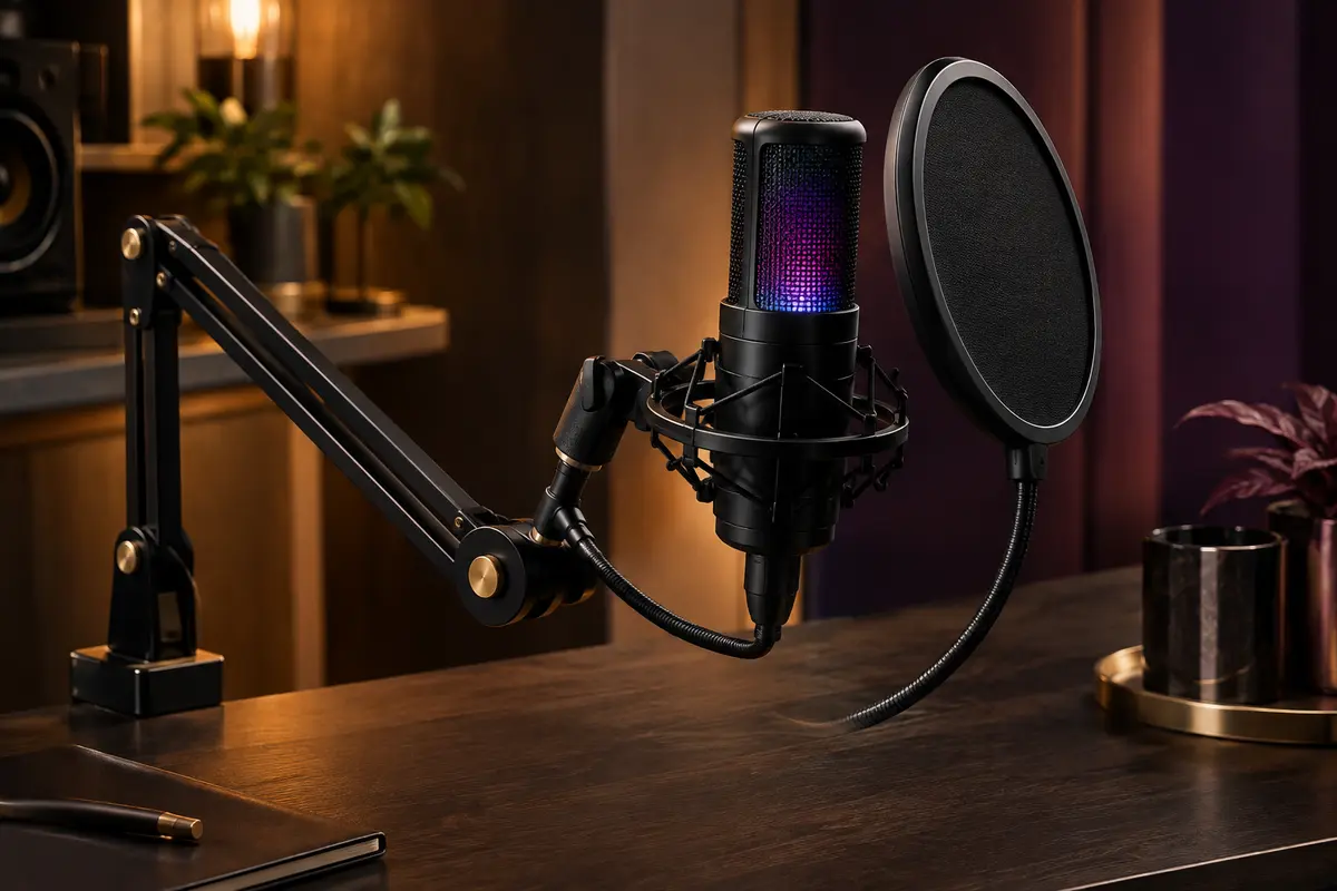 Microphone USB noir avec bras articulé, filtre anti-pop et éclairage RVB sur un bureau de studio.