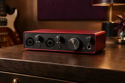 Interface audio rouge compacte posée sur un bureau en bois sombre dans un studio d’écoute chaleureux.