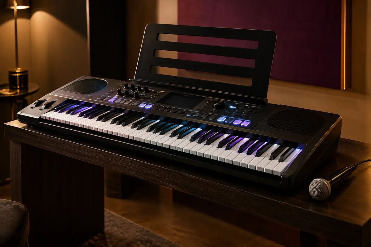 Clavier Funtaki noir à 61 touches éclairées, accompagné de son pupitre et d’un microphone dans un studio chaleureux.