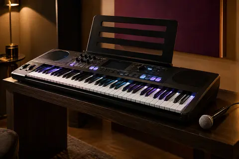 Clavier Funtaki noir à 61 touches éclairées, accompagné de son pupitre et d’un microphone dans un studio chaleureux.