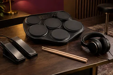 Batterie électronique portable noire à sept pads, avec ses pédales, ses baguettes et son casque.