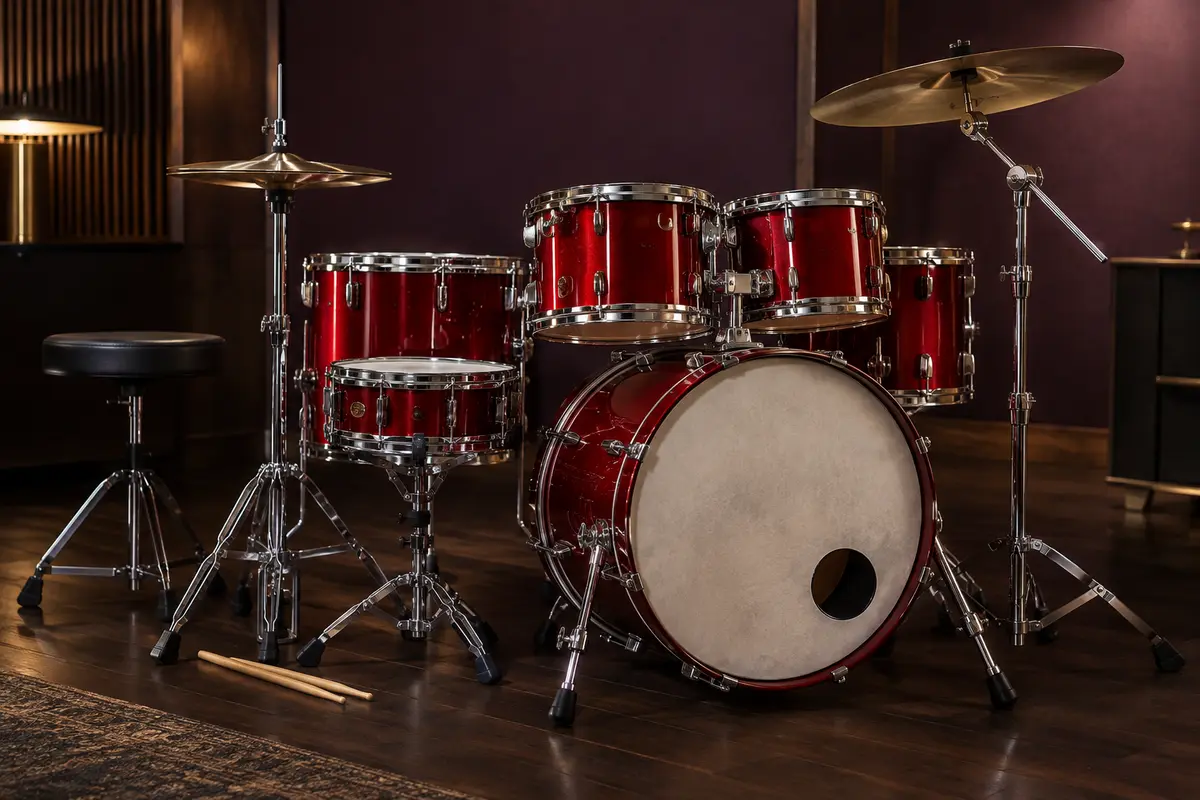 Batterie acoustique rouge Gear4music avec trois toms, cymbales, tabouret et matériel à double embase