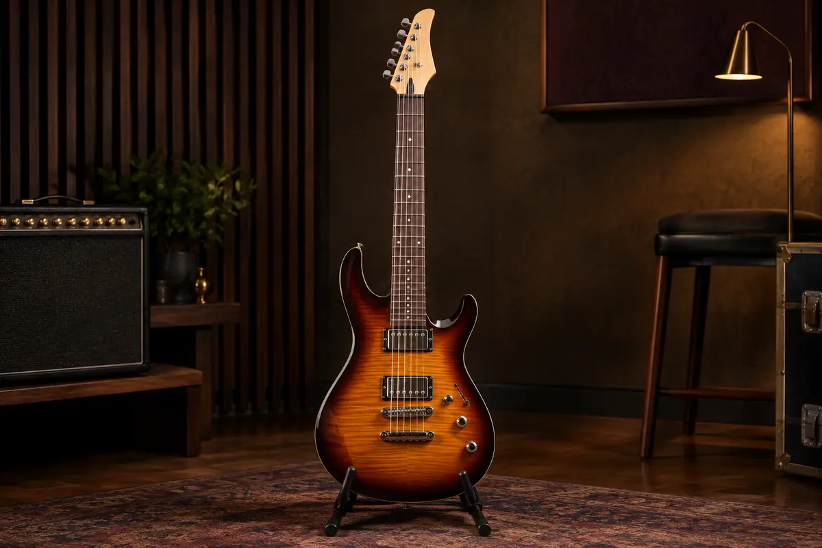 Guitare électrique Grote à sept cordes en finition Vintage Sunburst, avec manche érable et touche sombre