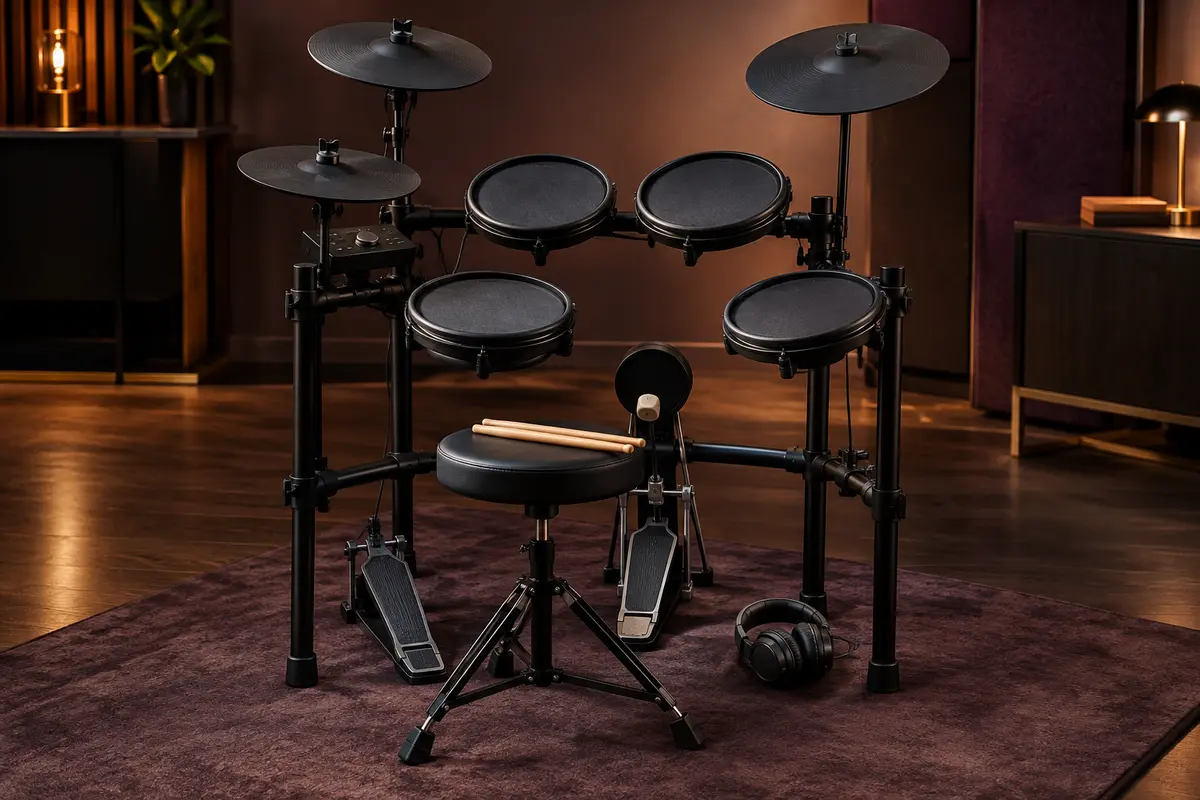 Batterie électronique Hampback noire avec pads mesh, cymbales en caoutchouc et cadre pliable