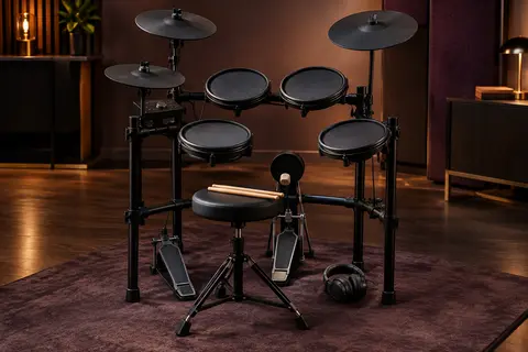 Batterie électronique Hampback noire avec pads mesh, cymbales en caoutchouc et cadre pliable