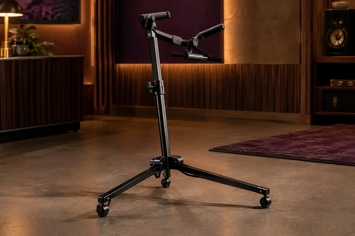 Support Hercules DS561B en métal noir, déployé sur le sol d’un studio de répétition sobre.