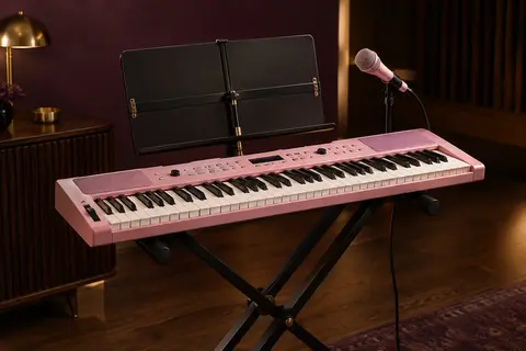 Clavier électronique rose Hricane à 61 touches avec microphone et pupitre, dans un studio chaleureux.