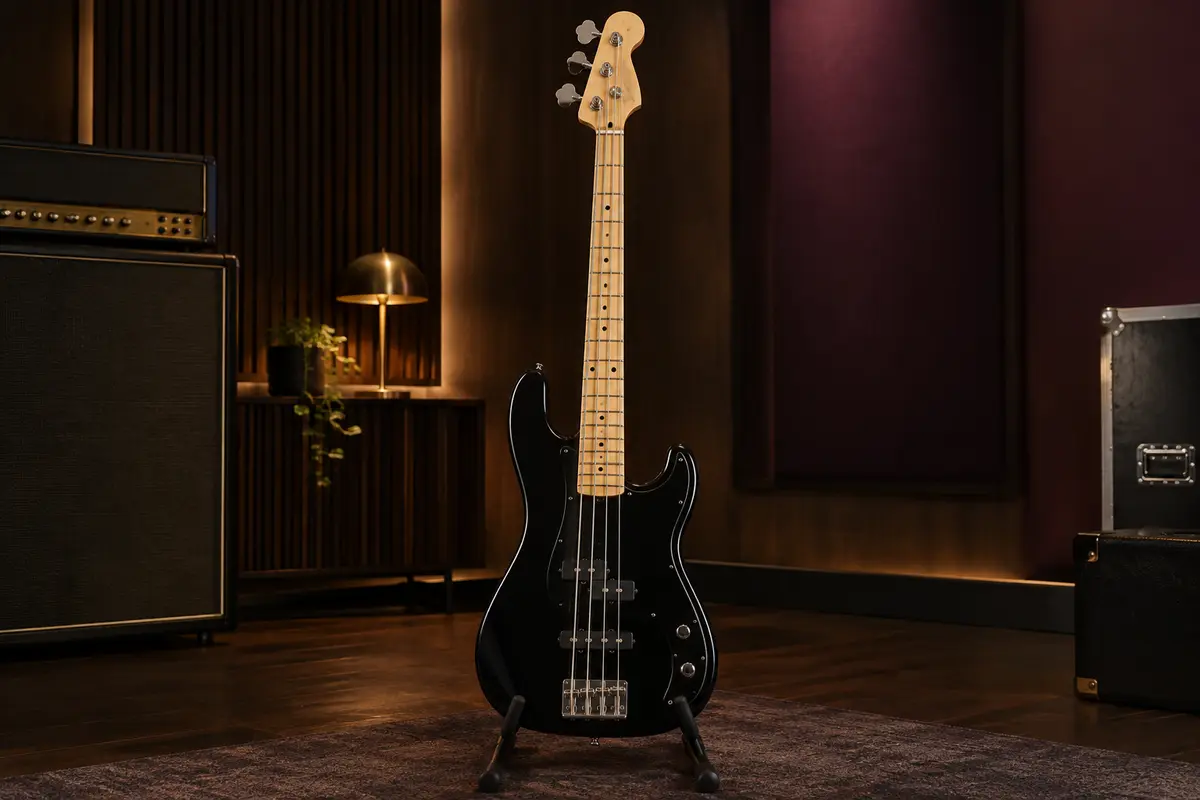Basse électrique noire à quatre cordes sur un support, dans un studio aux tons chauds et au bois sombre.
