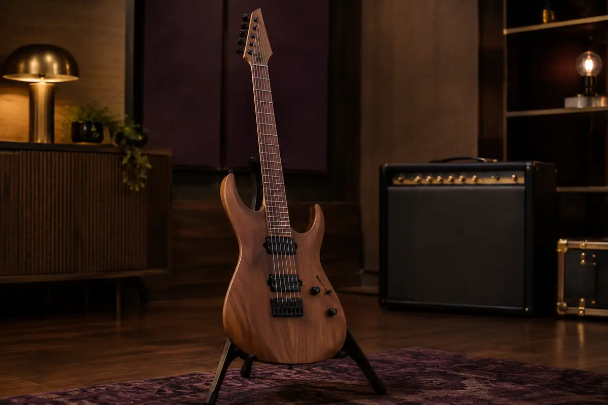 Guitare électrique Ibanez GIO à deux humbuckers, manche en érable et chevalet fixe, présentée dans un studio soigné.