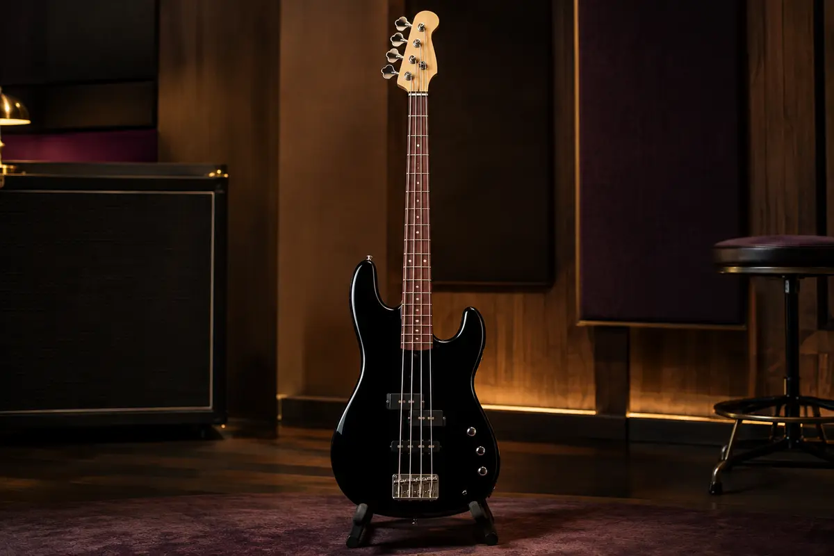 Basse électrique noire à quatre cordes, manche en érable et chevalet chromé, présentée sur un support en studio.