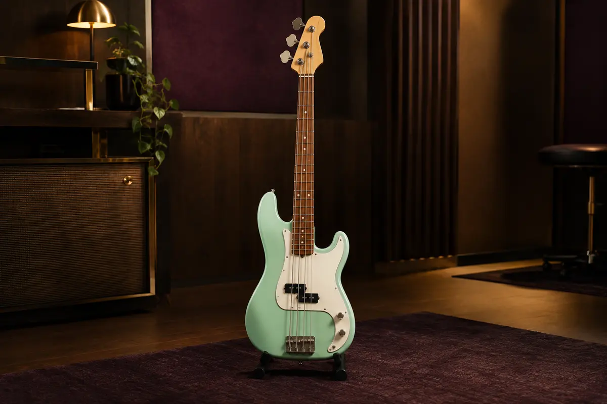 Basse électrique Ibanez Talman quatre cordes vert menthe, présentée seule dans un décor de studio soigné.