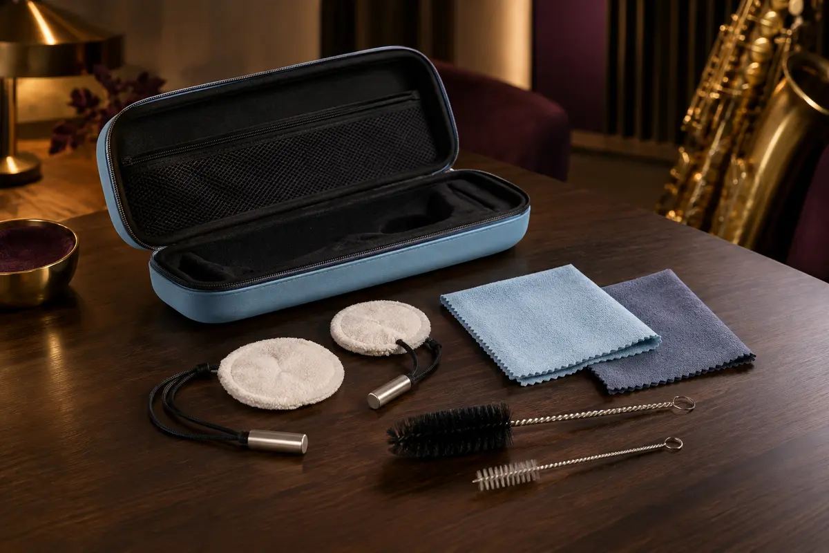 Kit de nettoyage Imelod bleu clair avec tampons, chiffons, brosses et étui rigide zippé